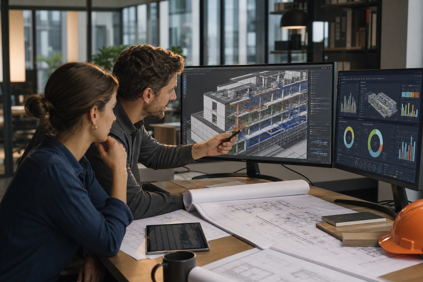 Coordination meeting with drawings and BIM on screens