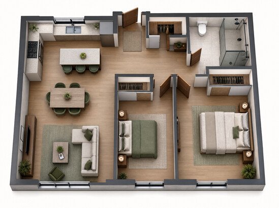 Top-down plan of a two-bedroom apartment