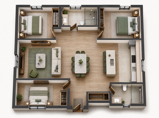 Top-down plan of a three-bedroom apartment